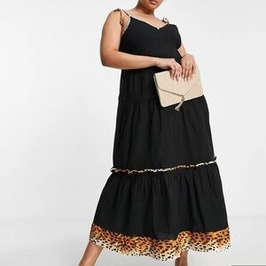 River Island shirred cami midi dress animal print trim black NWT